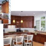 A kitchen with wooden cabinets and white walls.