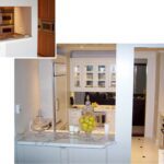 A kitchen with white cabinets and a yellow vase.